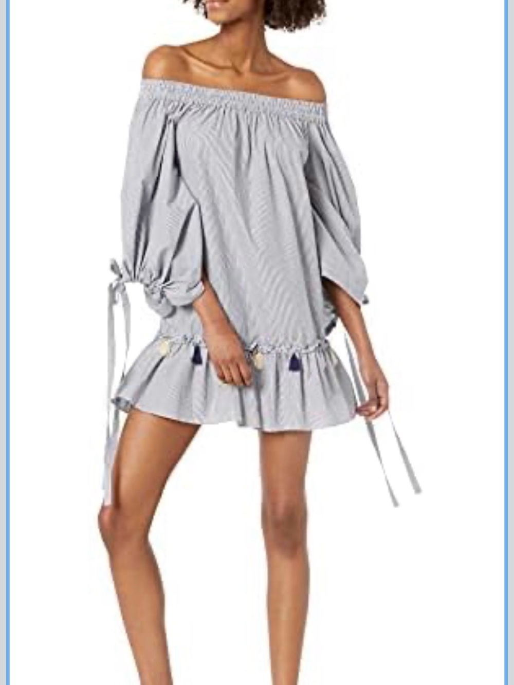 Haute Rogue Off-Shoulder Tassel Trim Mini Dress in Navy Blue and White Stripe